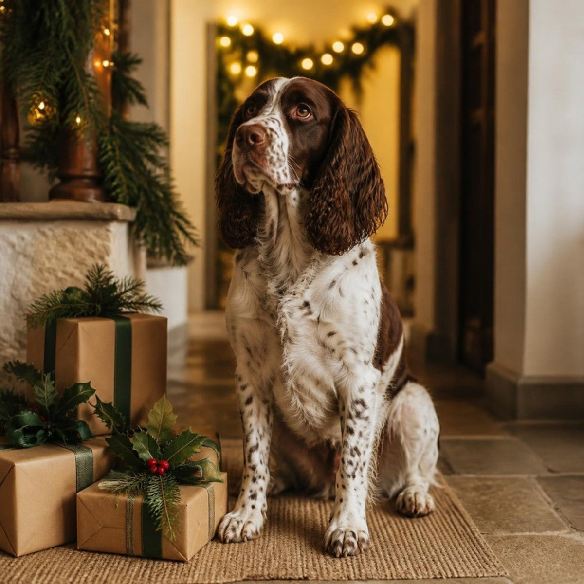 A springer spaniel beside Christmas presents