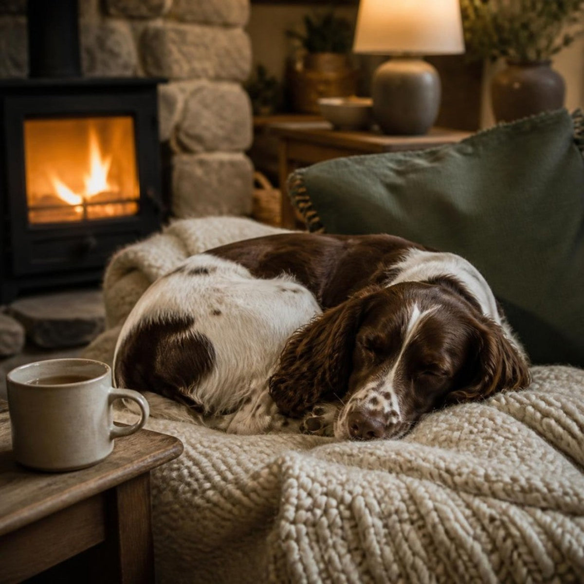 A springer spaniel asleep by a log burner
