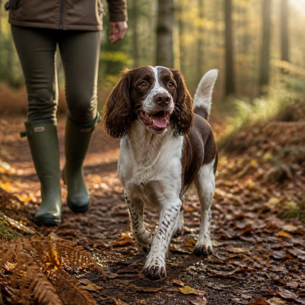 A happy springer spaniel trotting along an autumn woodland path