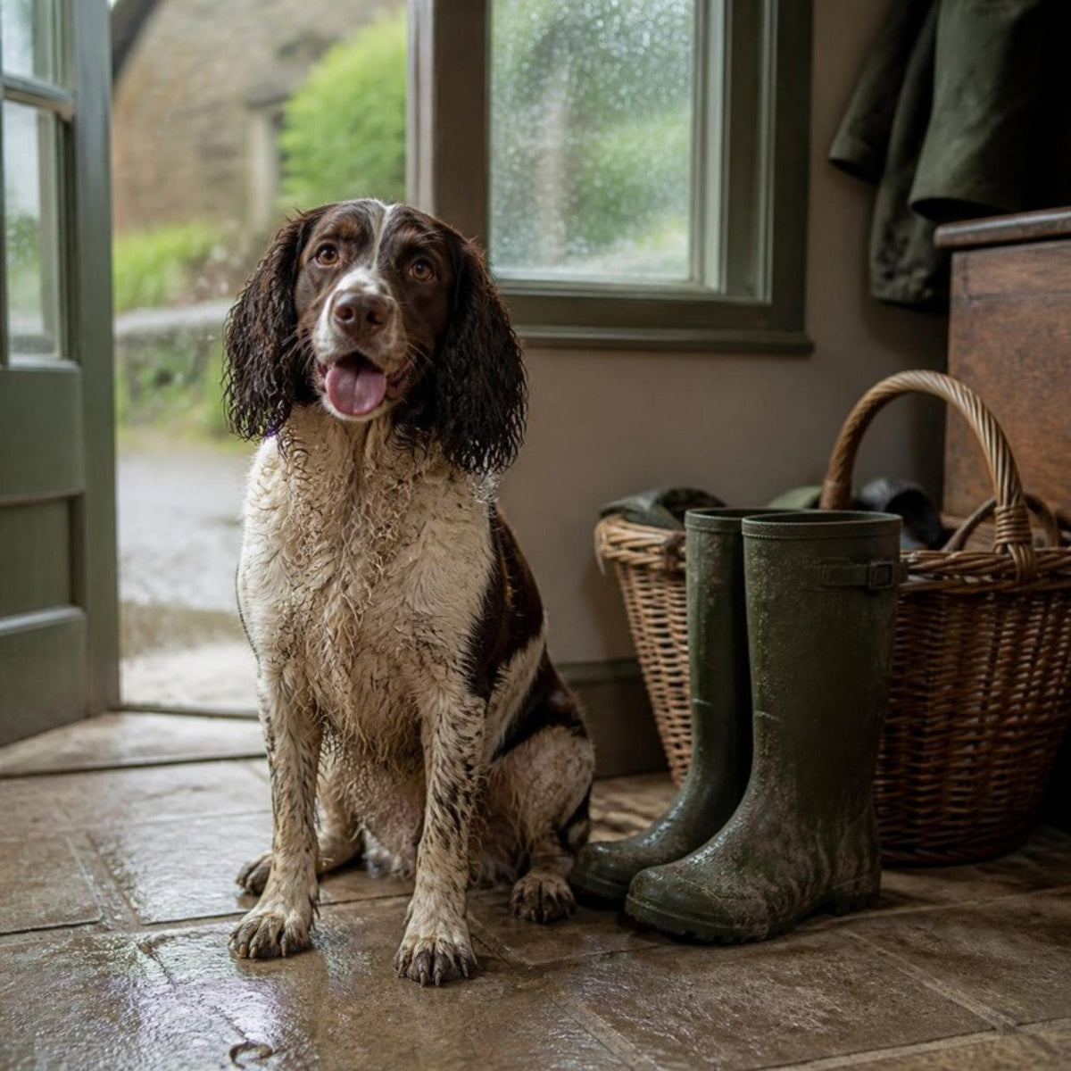A muddy springer spaniel by wellies inside a cottage back door