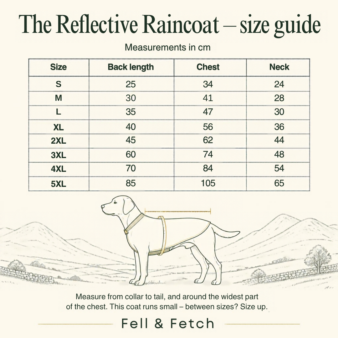The Reflective Raincoat size guide in cm: back length, chest and neck for sizes S to 5XL