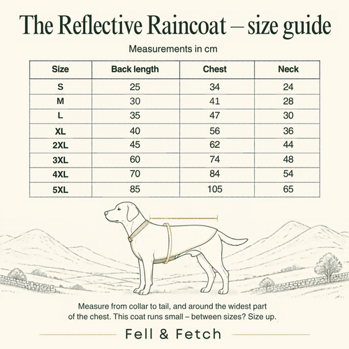 The Reflective Raincoat size guide in cm: back length, chest and neck for sizes S to 5XL