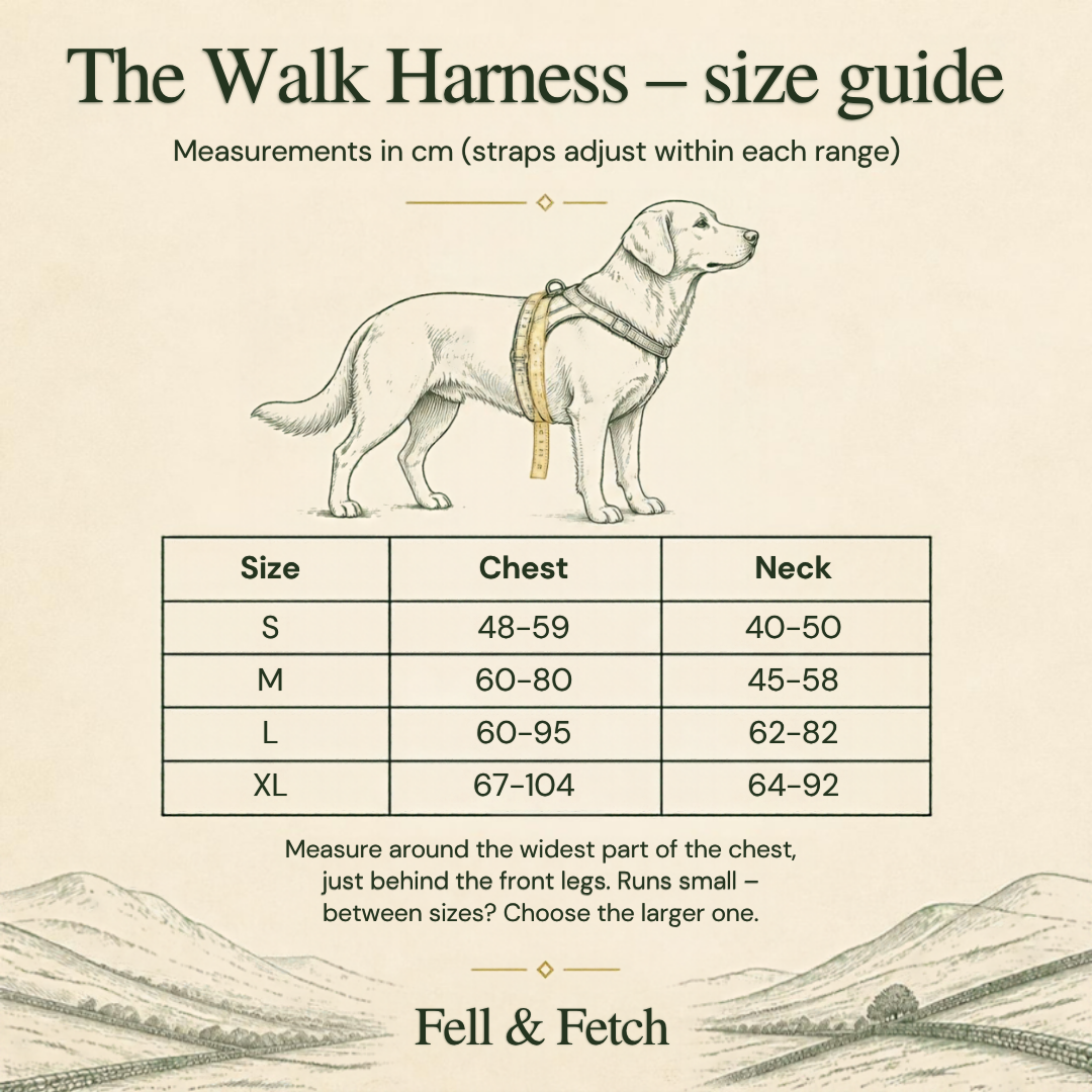 The Walk Harness size guide in cm: chest and neck for sizes S to XL
