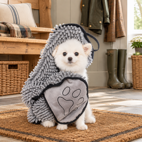 The Mitt Towel on a small white dog in a farmhouse boot room