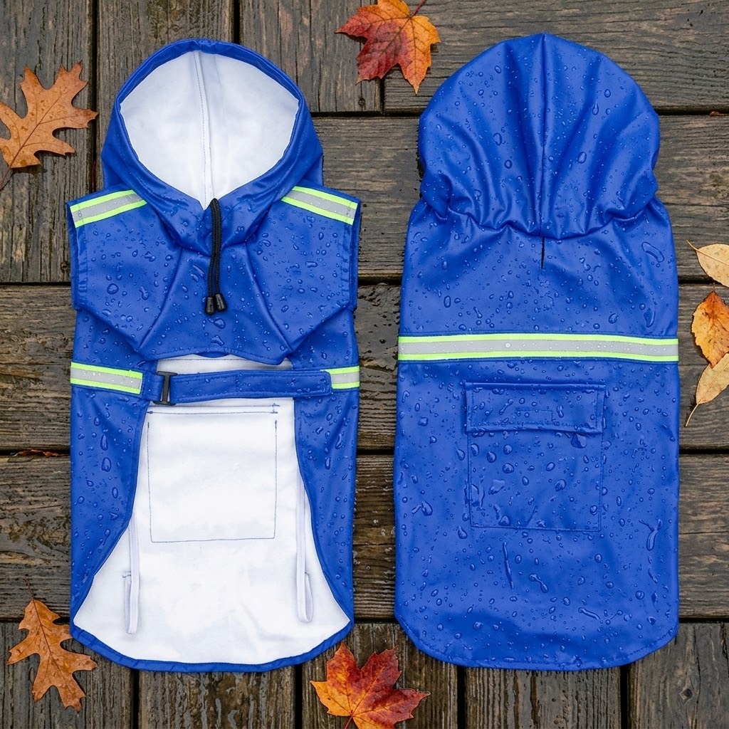 The Reflective Raincoat laid out on wet wooden decking