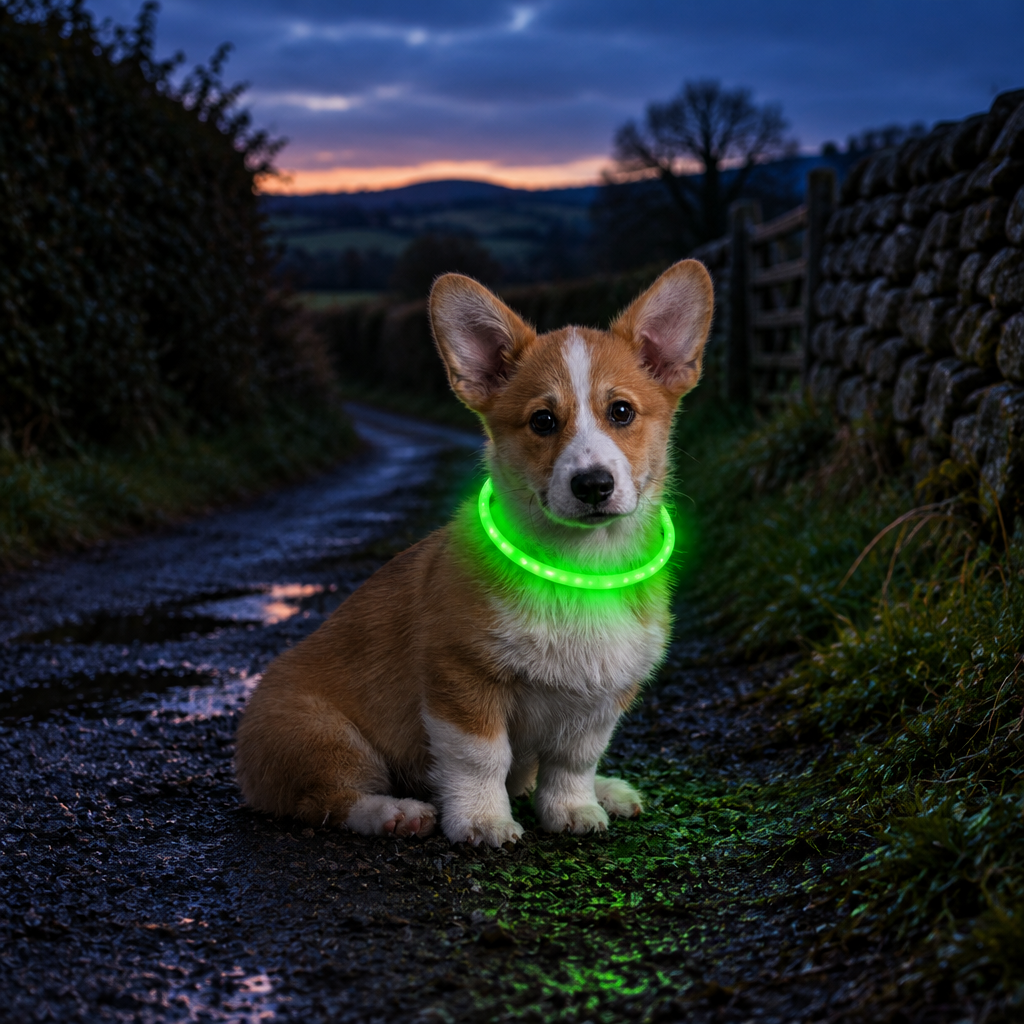 Corgi wearing The Glow Collar lit up green on a country lane at dusk
