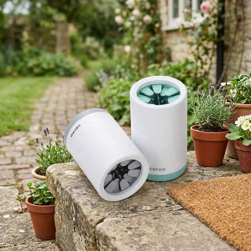 The Paw Washer in sage green and stone grey by the front door
