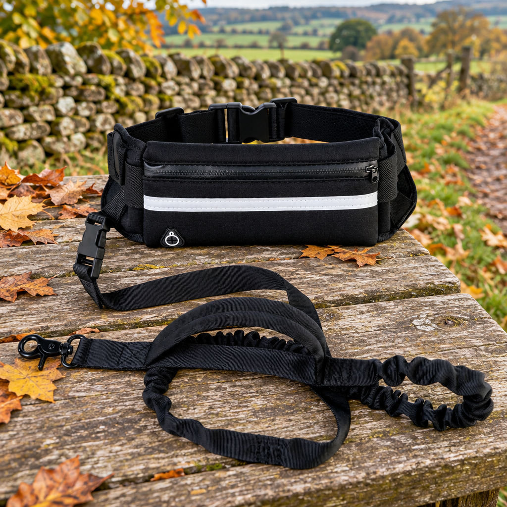 The Hands-Free Lead in black on a wooden bench by a countryside footpath