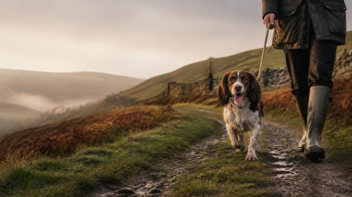 A muddy springer spaniel on a lead walking a fell path in autumn