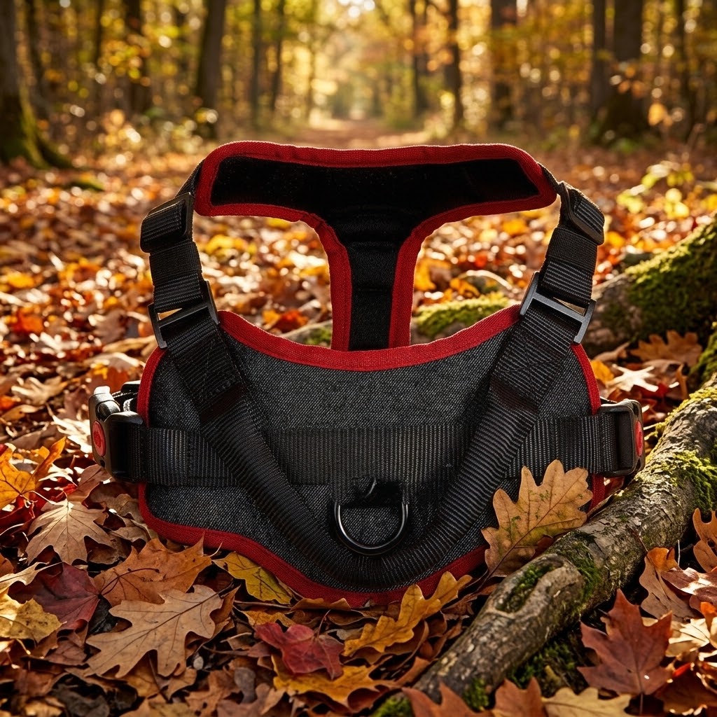 The Walk Harness on autumn leaves on a woodland path
