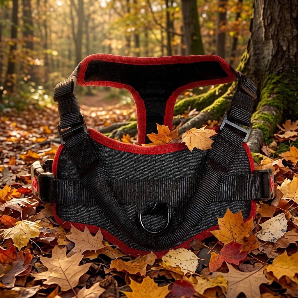 The Walk Harness in black with red trim on fallen leaves